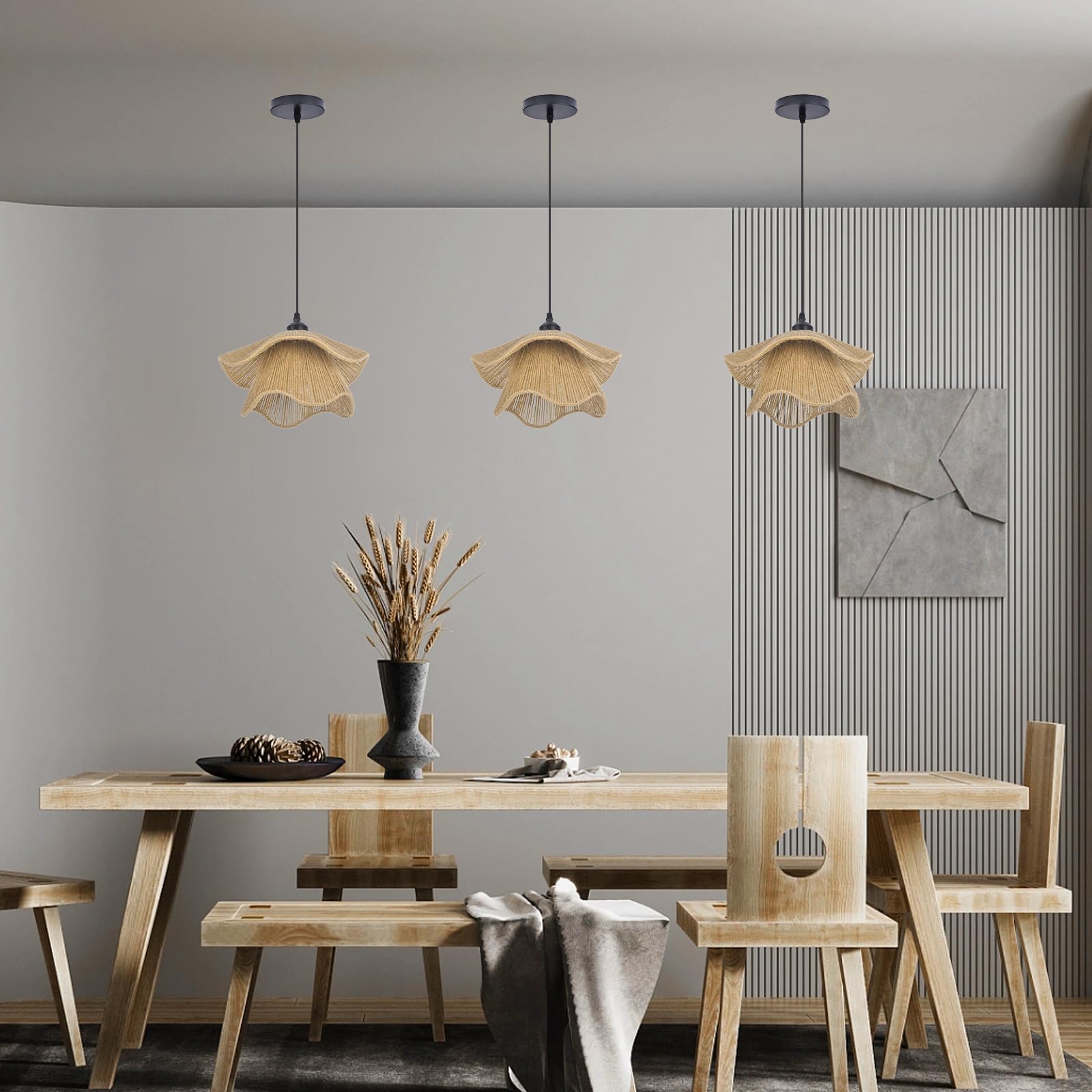 Lámpara colgante bohemia, araña tejida con cordel, iluminación colgante costera, pantalla de granja de altura ajustable para sala de estar y dormitorio 6