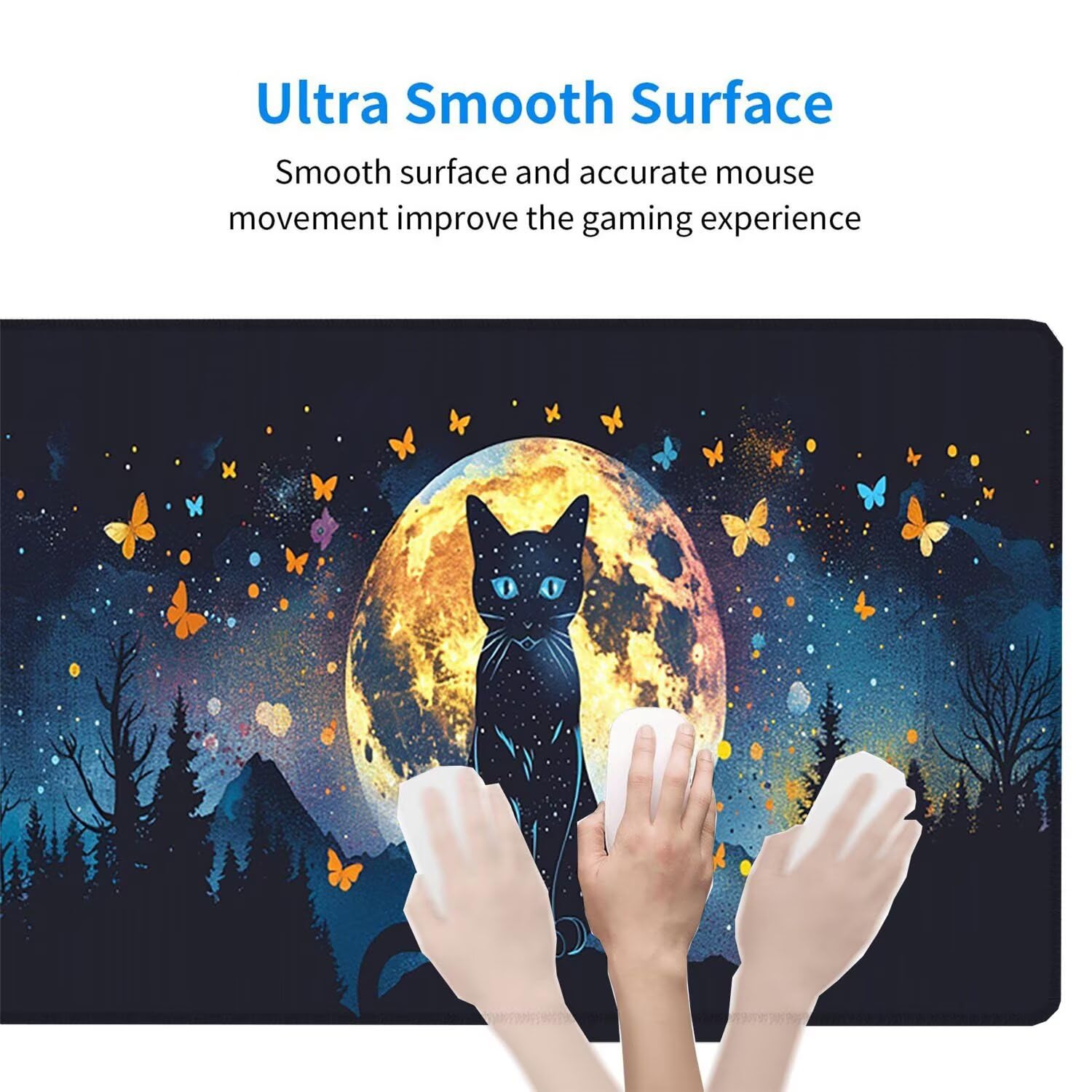 Tapis de Souris Gaming XXL (1200x600mm) - Grand Tapis Bureau Antidérapant Étanche Bords Cousus Caoutchouc Naturel pour Gamer PC Portable Bureau - Précision Vitesse Confort Le Chat étoilé G-862