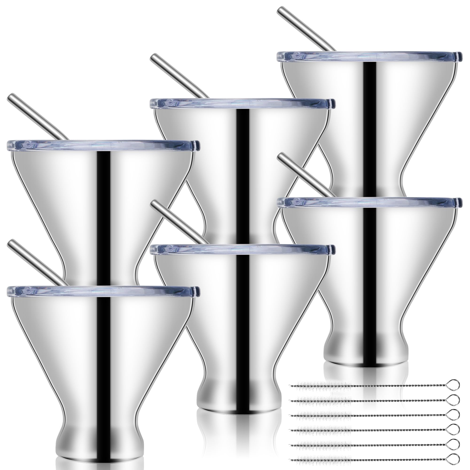 Bicchieri da Martini in acciaio inox con coperchio, a doppia parete, isolati sottovuoto, senza stelo, bicchieri da cocktail con cannuccia, set da 6, 295 ml, argento