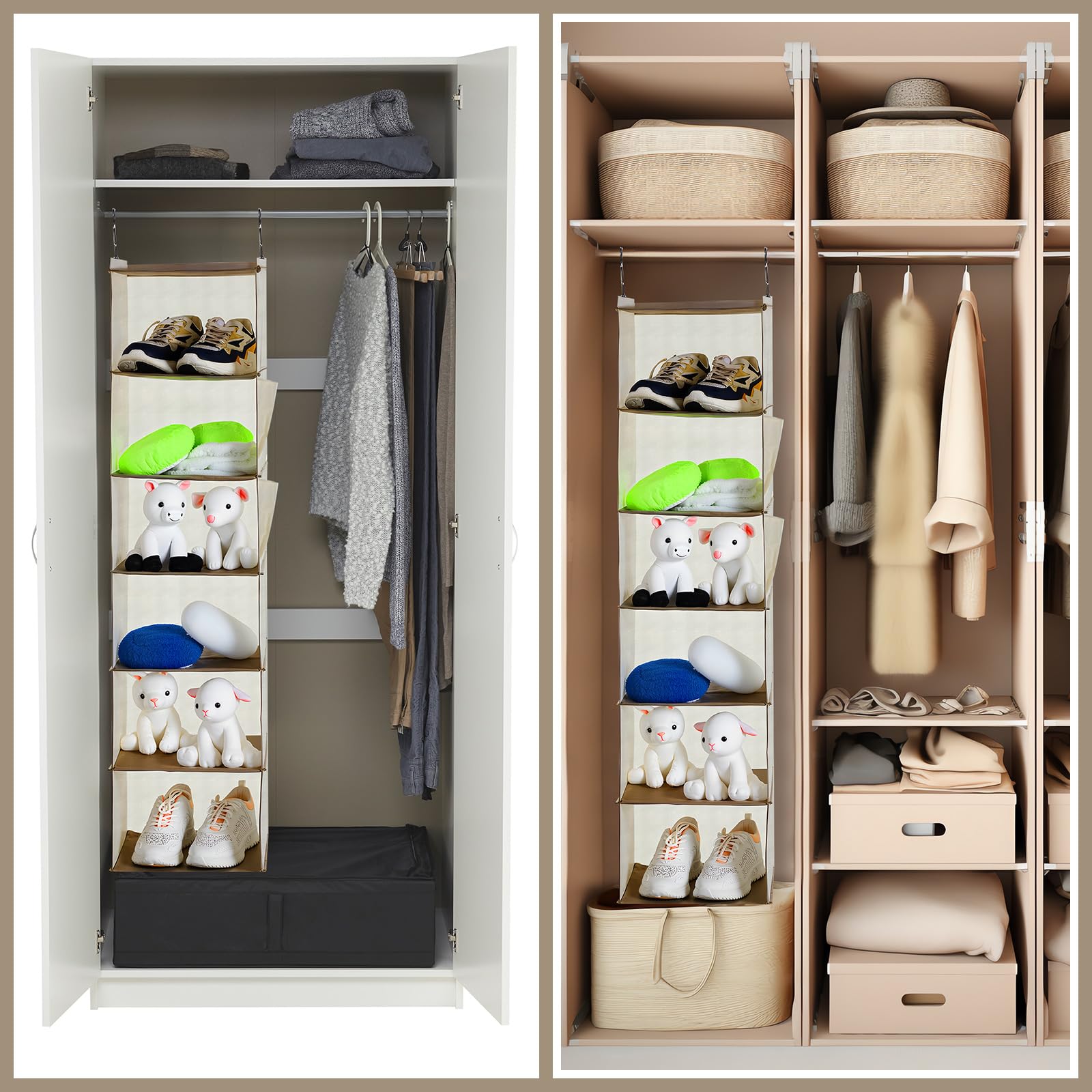 Leinuosen Regal mit 6 Etagen, Hängeregale für Schrank mit 2 stabilen Haken zur Aufbewahrung, für Wohnheim, 3 Stück, faltbar (Beige)