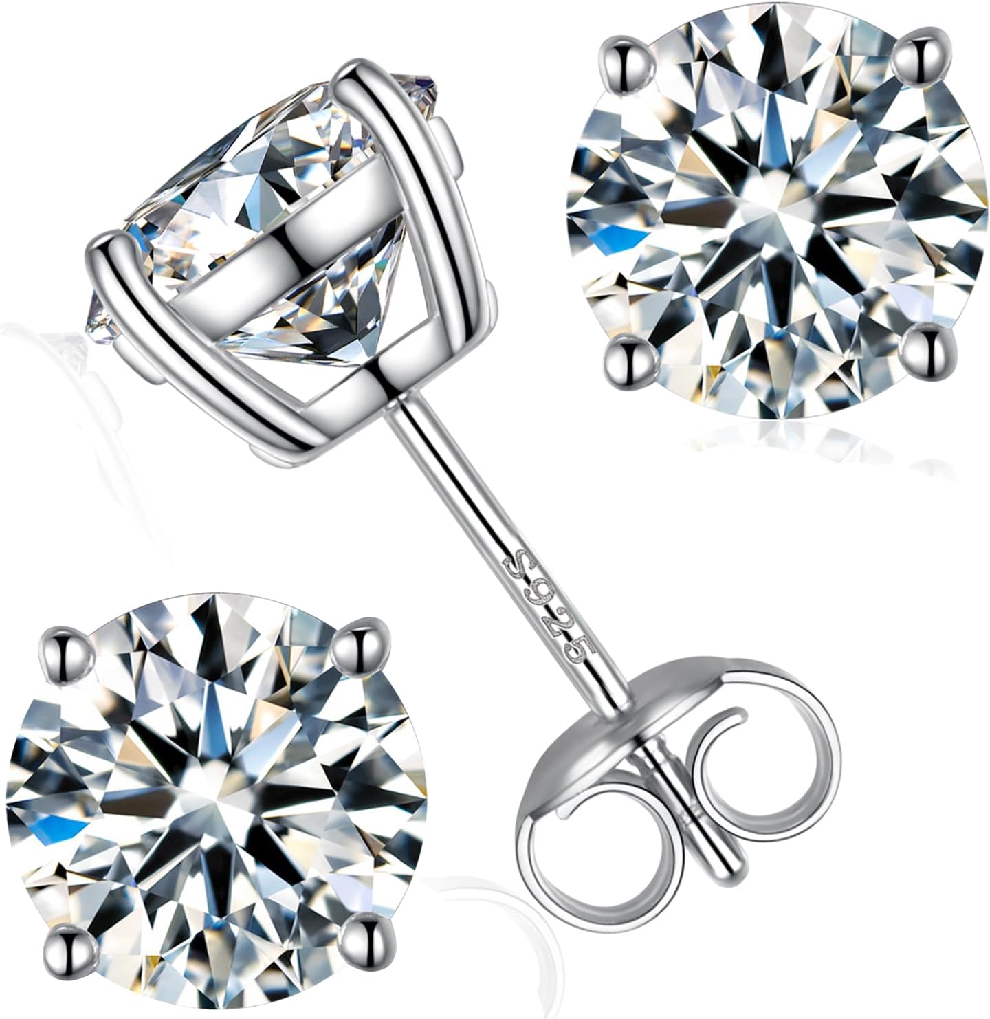 Moissanite Stud Earrings, Round Cut D Color VVS1 Clarity Lab Created Moissanite Earrings Studs 18K White Gold Plated 925 Sterling Silver Jewelry for Women Men