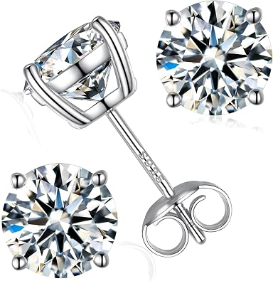 Moissanite Stud Earrings, Round Cut D Color VVS1 Clarity Lab Created Moissanite Earrings Studs 18K White Gold Plated 925 Sterling Silver Jewelry for Women Men