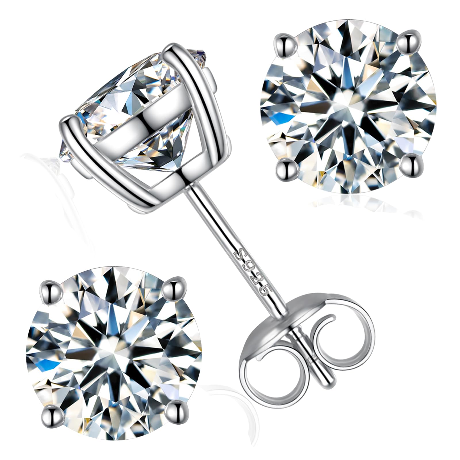 Moissanite Stud Earrings, Round Cut D Color VVS1 Clarity Lab Created Moissanite Earrings Studs 18K White Gold Plated 925 Sterling Silver Jewelry for Women Men
