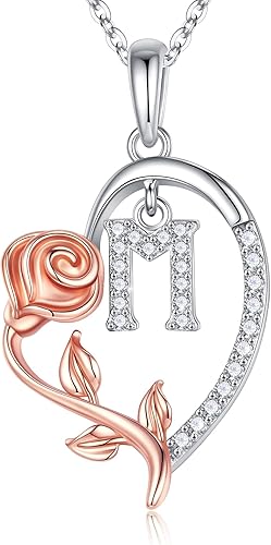 Regalos para el día de la madre para ella, collar con letra de corazón rosa plata esterlina S925, collar con inicial, regalo de cumpleaños, día de