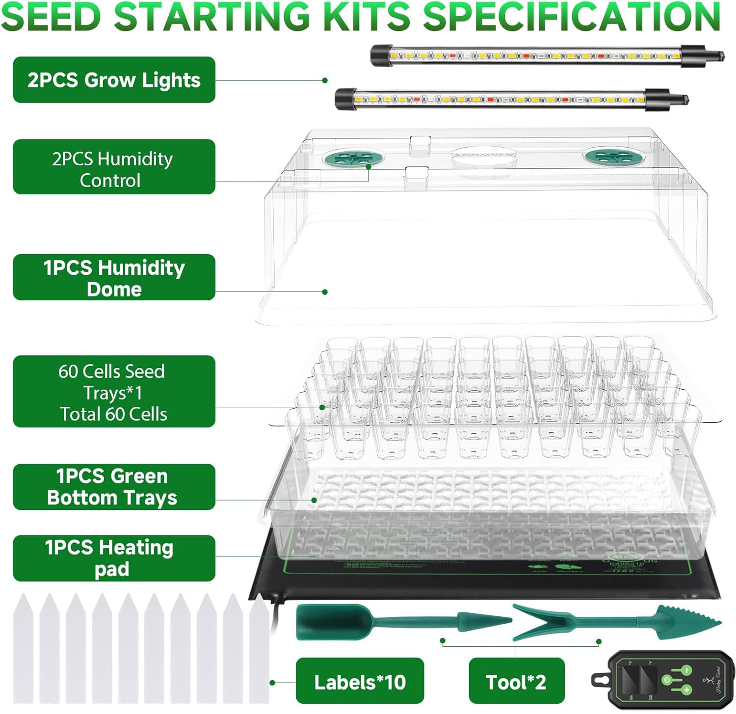 Adawook Large Seed Starter Tray with Grow Light and Thermostat Controller Heat Mat, 10"x 20.75" Heat Mats for Plant Growing，68-113°F Adjustable，Color Change Grow Lights，Germination Trays Kits