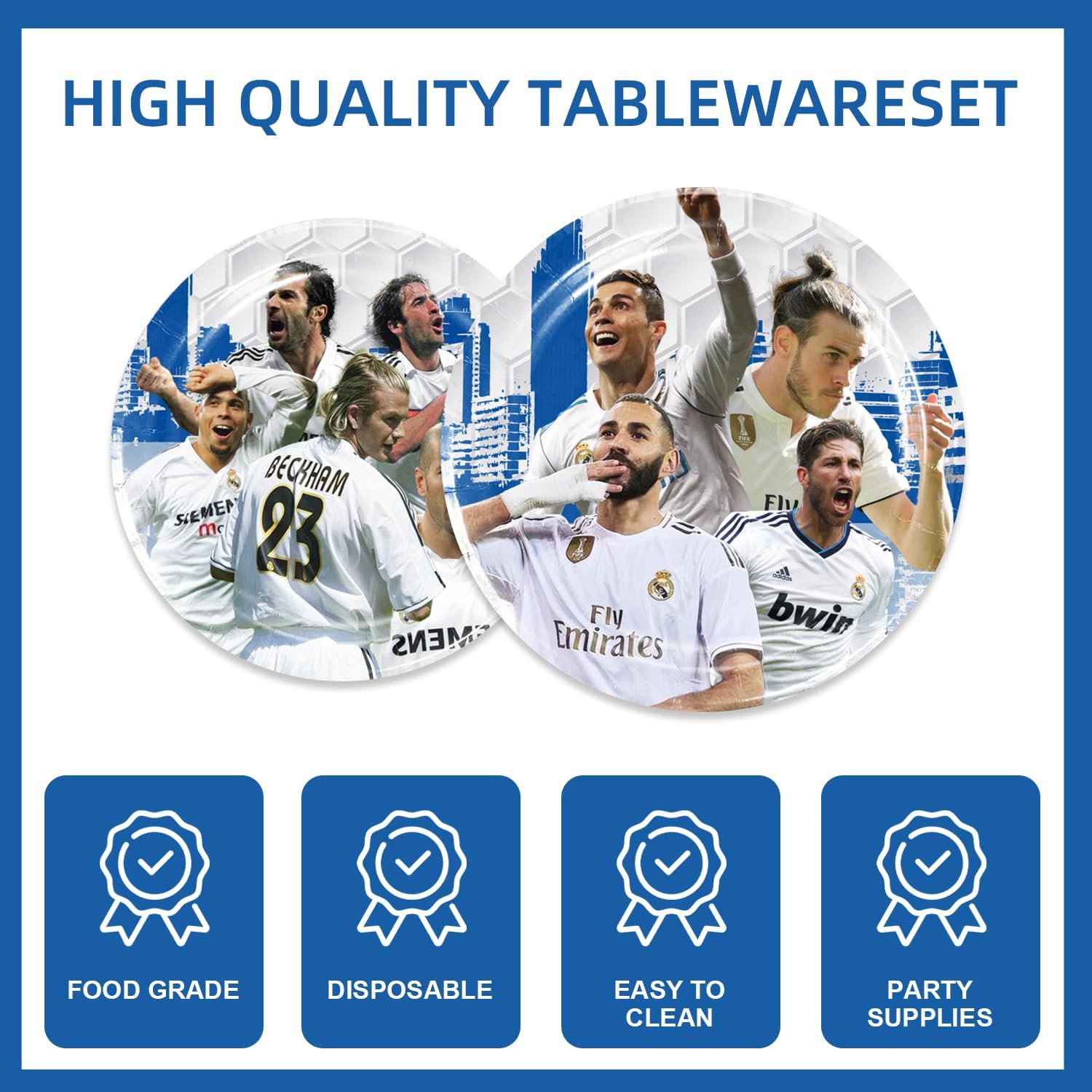 141pcs Real-Madrid Birthday Tableware Decorations Party Plates Cups Soccer Theme Napkins Beach Ball Tablecloth for Soccer Party Decoration (Real) - Image 3