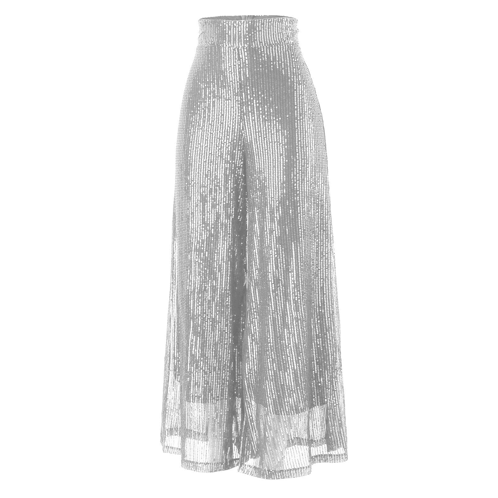 Generico Pantaloni Glitterati Donna Paillettes Zampa Gamba Completo Curvy vestibilità Comoda Pantalone Elegante Culotte Larghi Pantaloncini Brillantini Extra Lunghi con