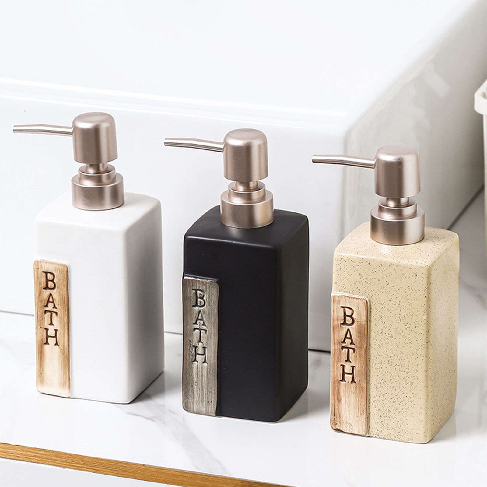 Dispensador de jabón, dispensador loción Cuadrado cerámica, Manos, champú rellenable, tocador baño encimera, Negro, 380 ml/13,4 oz