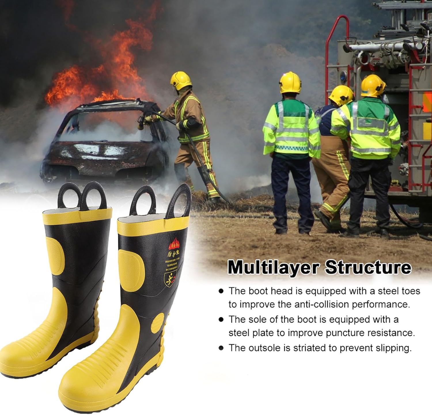 Firefighter Boots,Rubber Fighting Safety Boots High Temperature Shoes Fireman 26cm(8.5 Men/10Women) Yellow