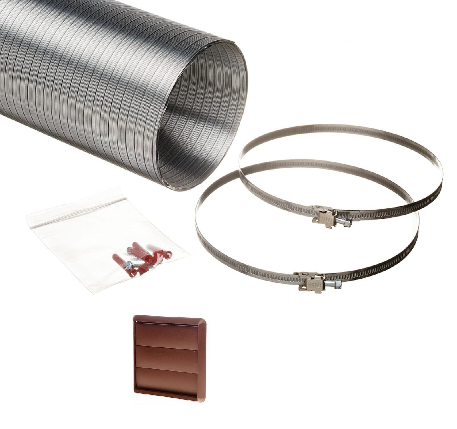 Naplesuk Brown Universal 125Mm Cooker Hood Ducting Kit Semi Rigid Aluminium 127Mm Internal Diameter Hose Length 1.5 Metre With 3 Flaps Gravity Grille