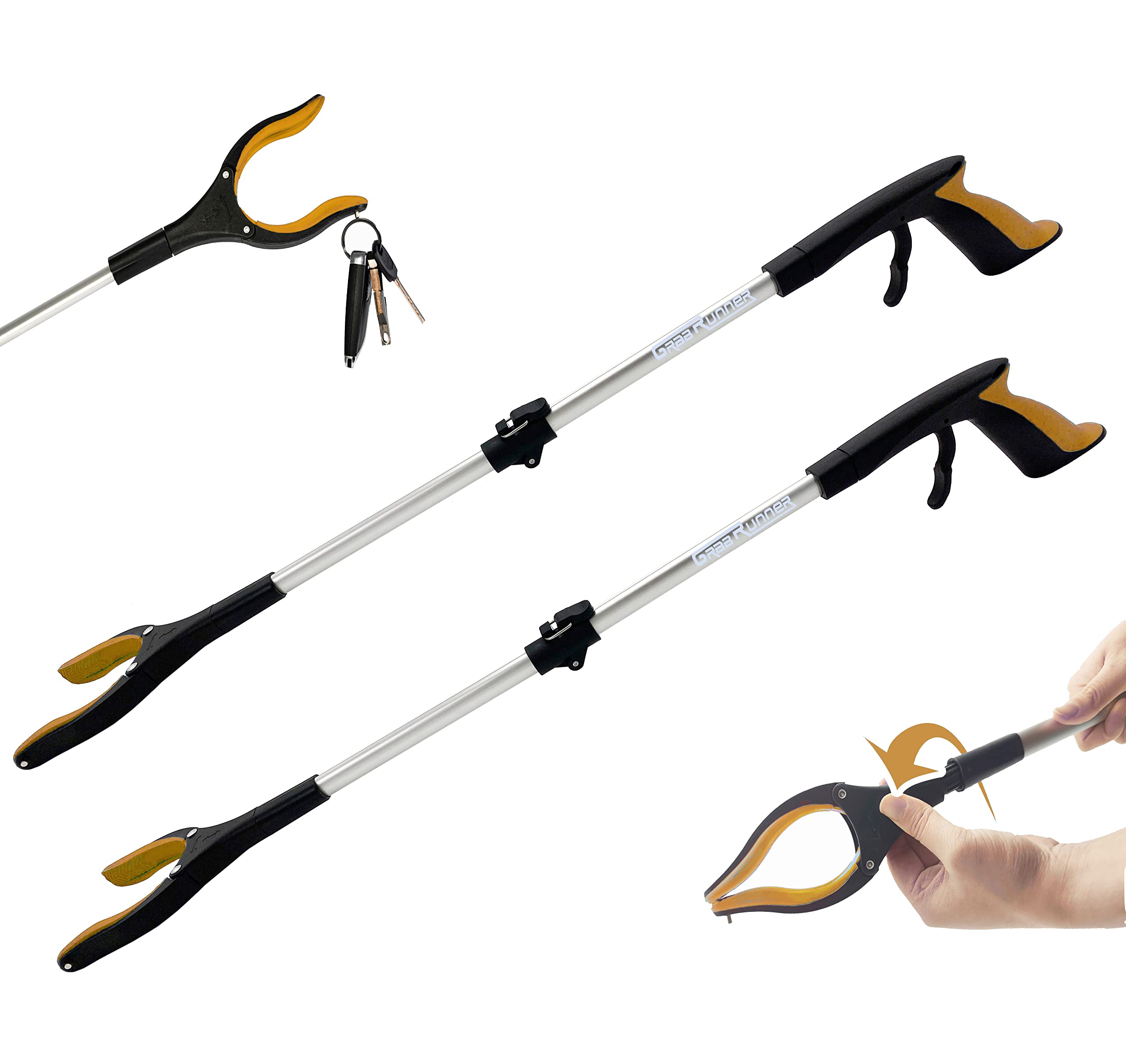 Heavy Duty(up to 10 lbs) 32 inch FDA Registered(3010288069) GrabRunner Reacher Grabber Tool with Strong Magnetic for Elderly 32 inch AMD 90° Rotating Head (New Yellow)