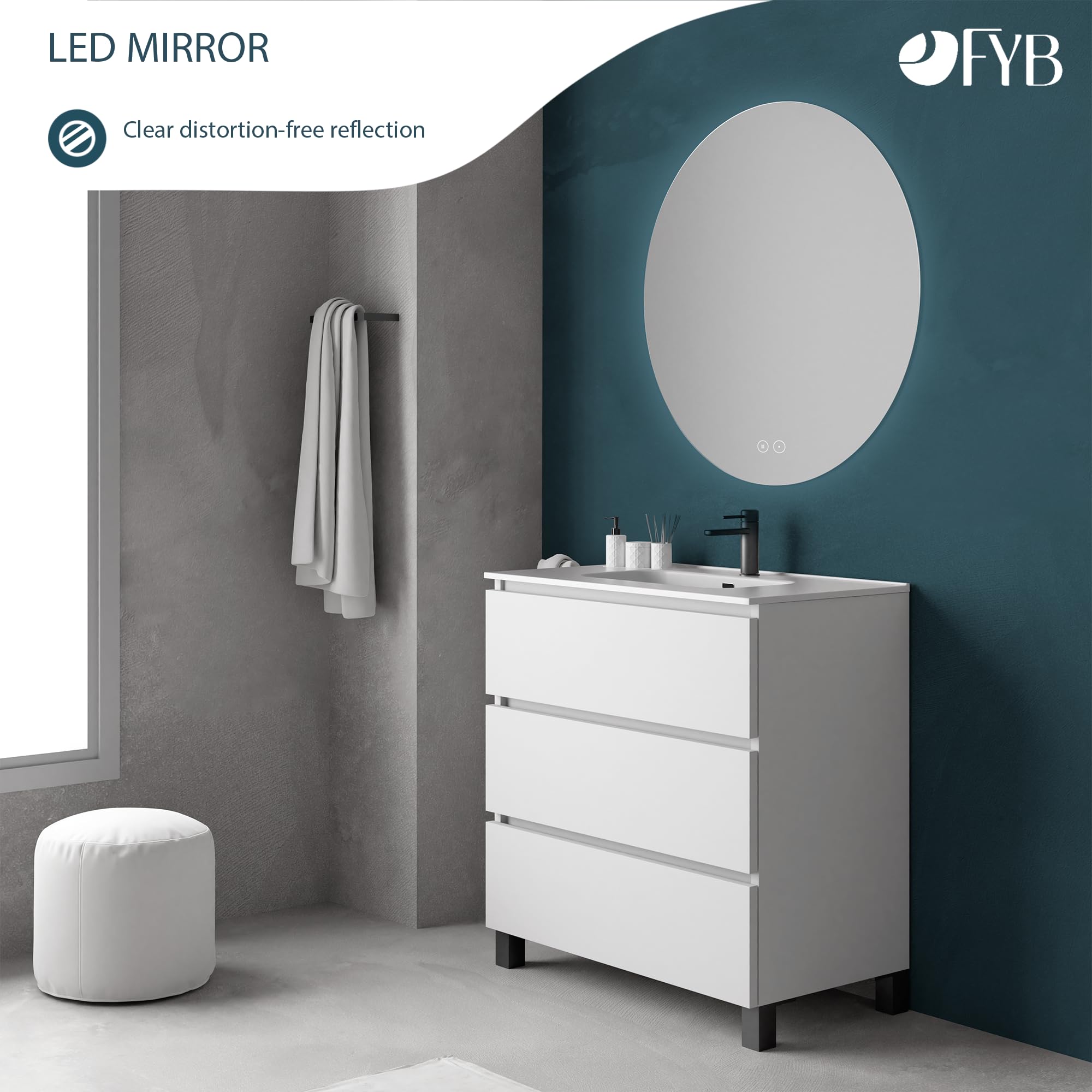 Espejo de Baño Redondo Ø80 cm con Luz LED Regulable, Antivaho, Interruptor Táctil
