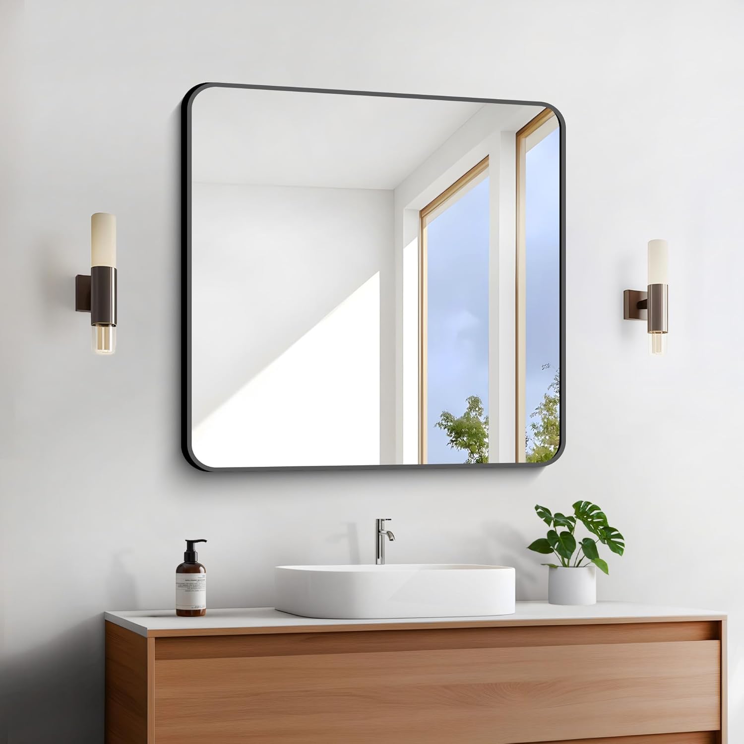 Bathroom Mirror 30" x 30", Large Square Wall Mirror with Black Aluminum Frame Rounded Corner, Wall Mounted Mirror for Bathroom Bedroom Entryway Living Room Normal Frame 30"L x 30"W
