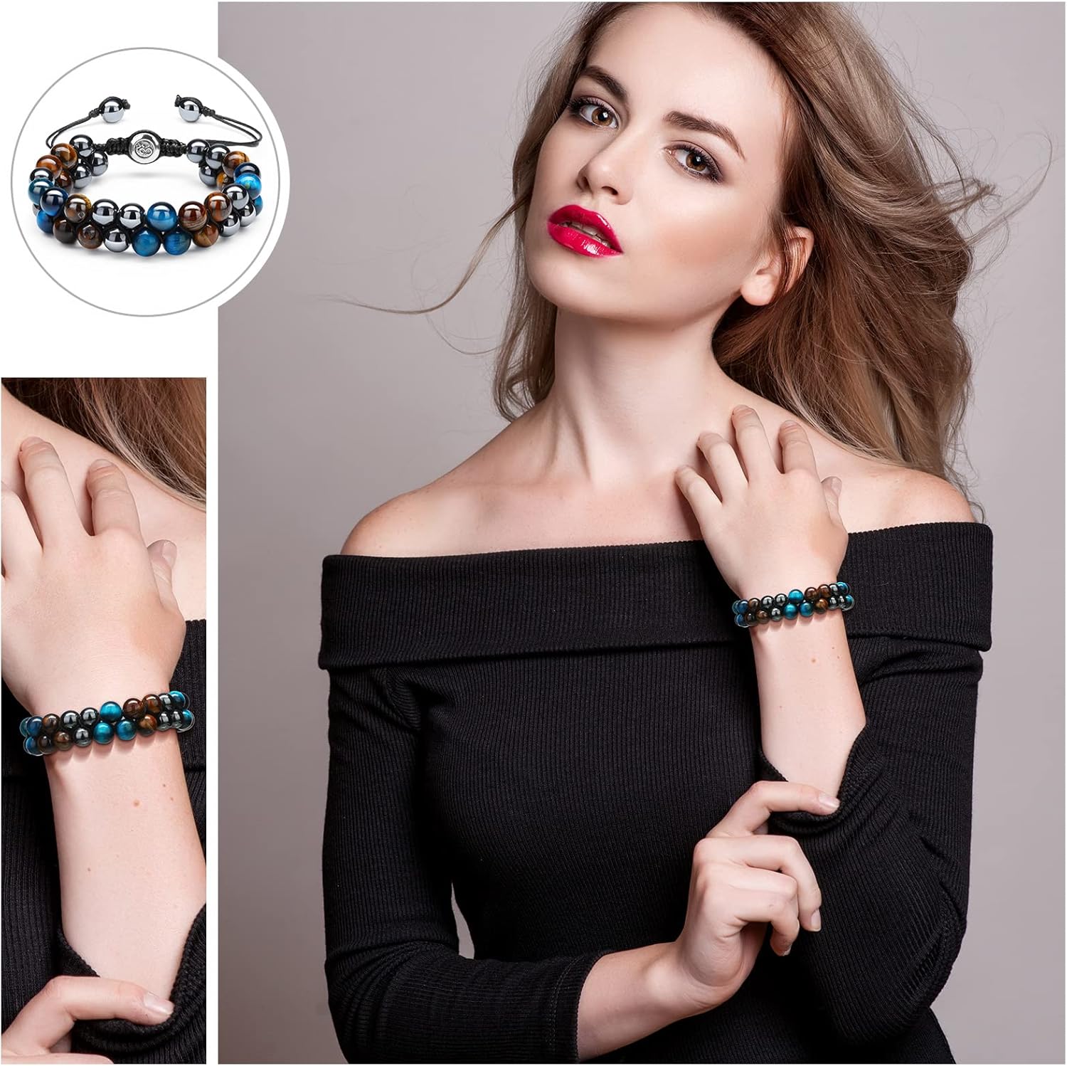 Nosiny 3 Pcs Bracelet Lava Rock Bead Bracelets 8 mm Tiger Eye Bracelet Men Hematite Obsidian Bracelet Adjustable Bracelet Gift for Men Women - Image 6