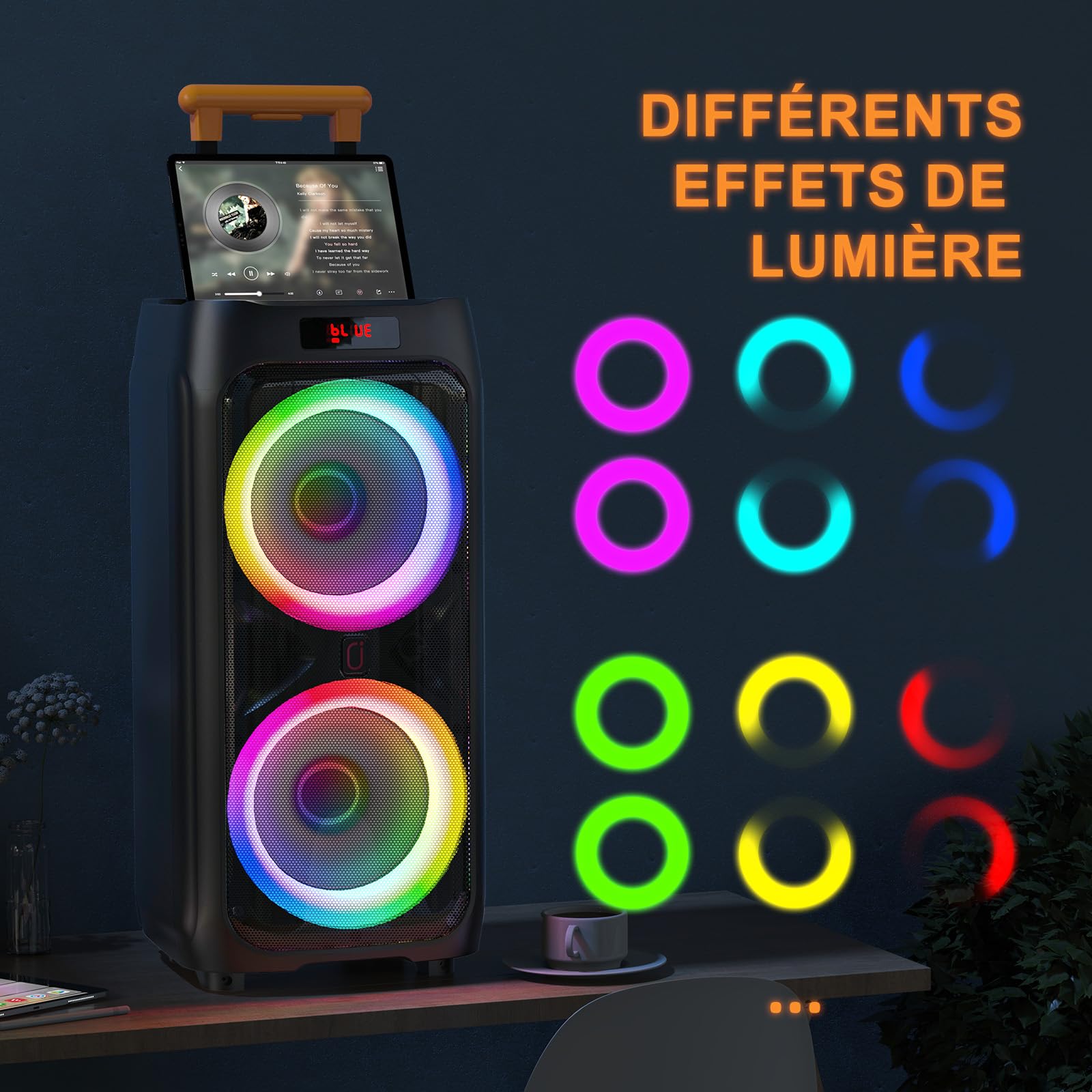 HWWR Machine Karaoke Adultes 2 Micro sans Fil, Puissance Max 500W Enceinte Bluetooth 5.3 Puissante avec Subwoofer 8", Système PA avec Lumières DJ, Idéal pour Les Fêtes en Plein Air