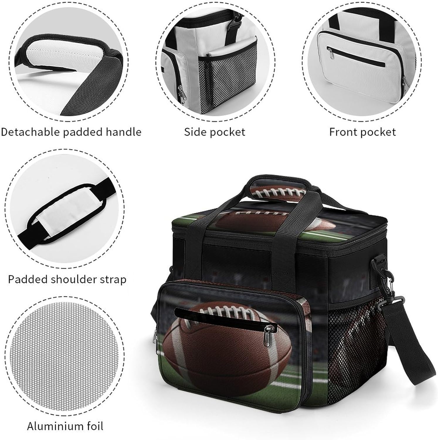 Camping Ice Pack, American Football Print Cooler Bag, 22.5L Large Capacity Insulated Lunch Tote Bag for Outdoor, Picnic, BBQ, Travel, Work