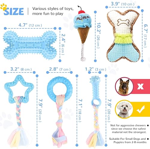 Miniatura 4 de BAEJMJK Paquete de 6 juguetes de dentición para cachorros, color azul, de raza pequeña, juguetes masticables con cuerda, juguetes chirriantes para