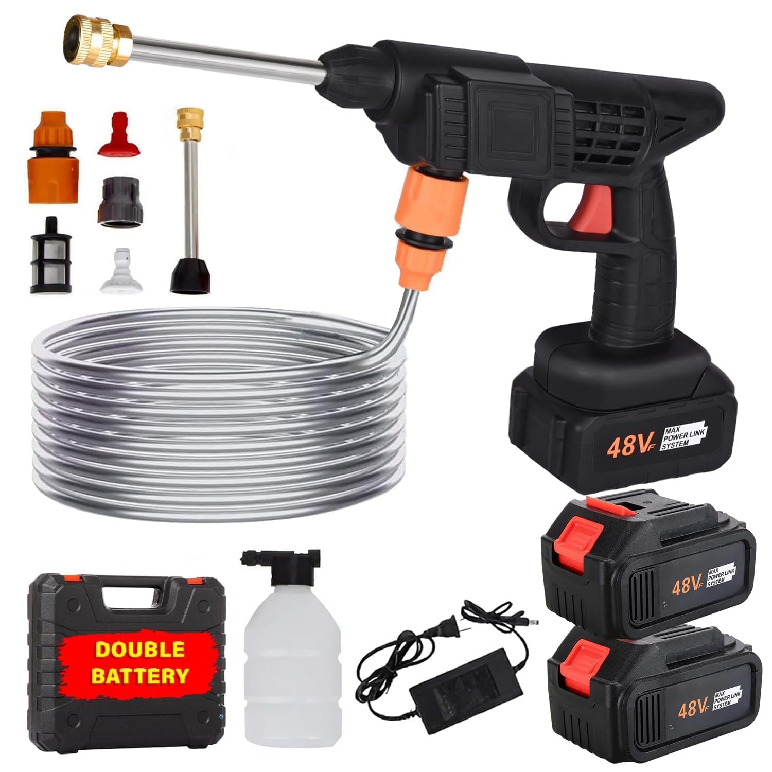 48V MAX Cordless Pressure Washer Gun | Double Battery Wireless Car Washing Machine | Foam Pot | 5M Hose Pipe | Stainless Steel Rod | Car Bike Home Garden Cleaning | Premium Carry Box Included-picture-16