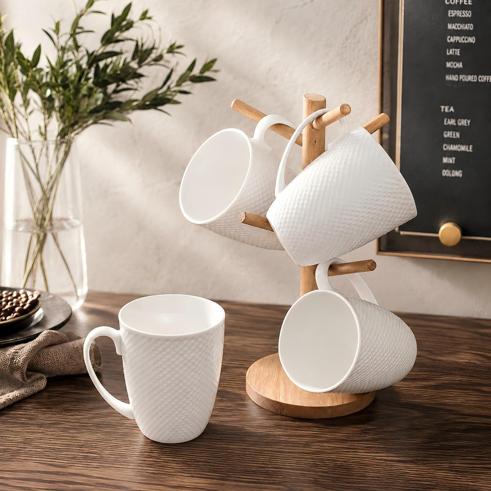Juego de 4 tazas de café de 12 onzas, tazas de porcelana fina, tazas de café blancas de lujo, tazas de café de porcelana con textura de alivio de rombos, taza de té, para café, té, cacao