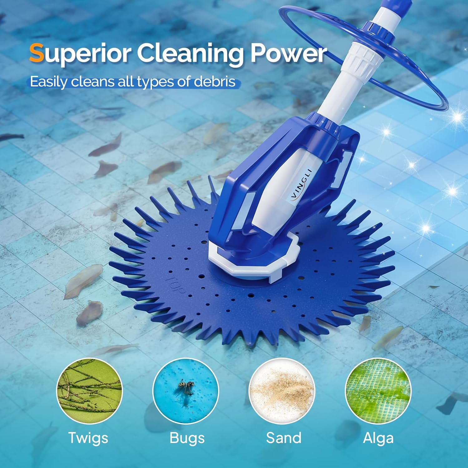 vingli pool vacuum cleaner automatic sweeper swimming pool creepy crawler vacuum with 33ft hoses (navy blue&white)