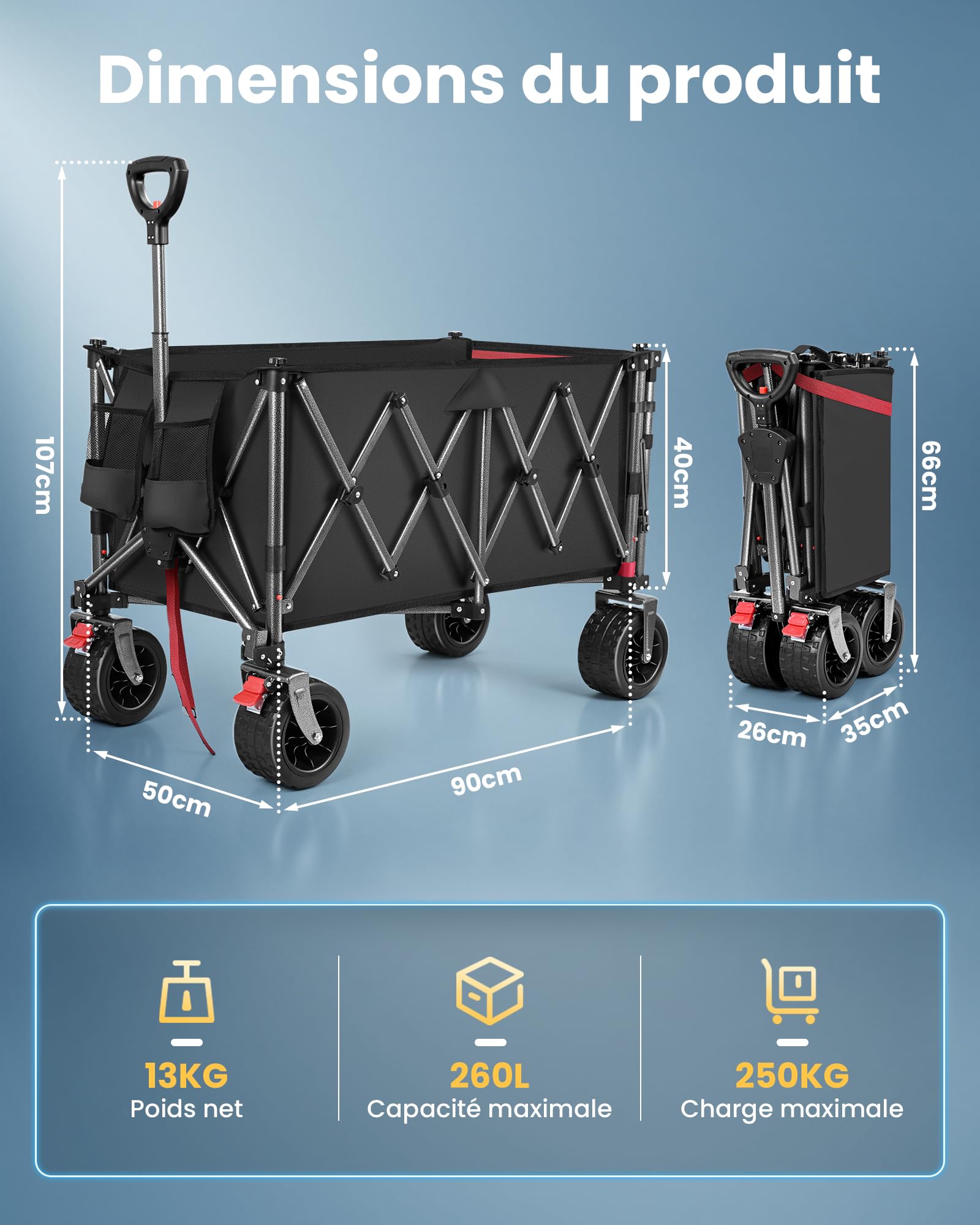 YEAUPE PRO Chariot Pliable 260L 250KG, Roues Larges Tout-Terrain 17cm, Noir | Porte Arrière Rabattable pour Objets Longs, Chariot de Plage Léger 13KG pour Jardin, Camping, Courses & Événements Sportifs