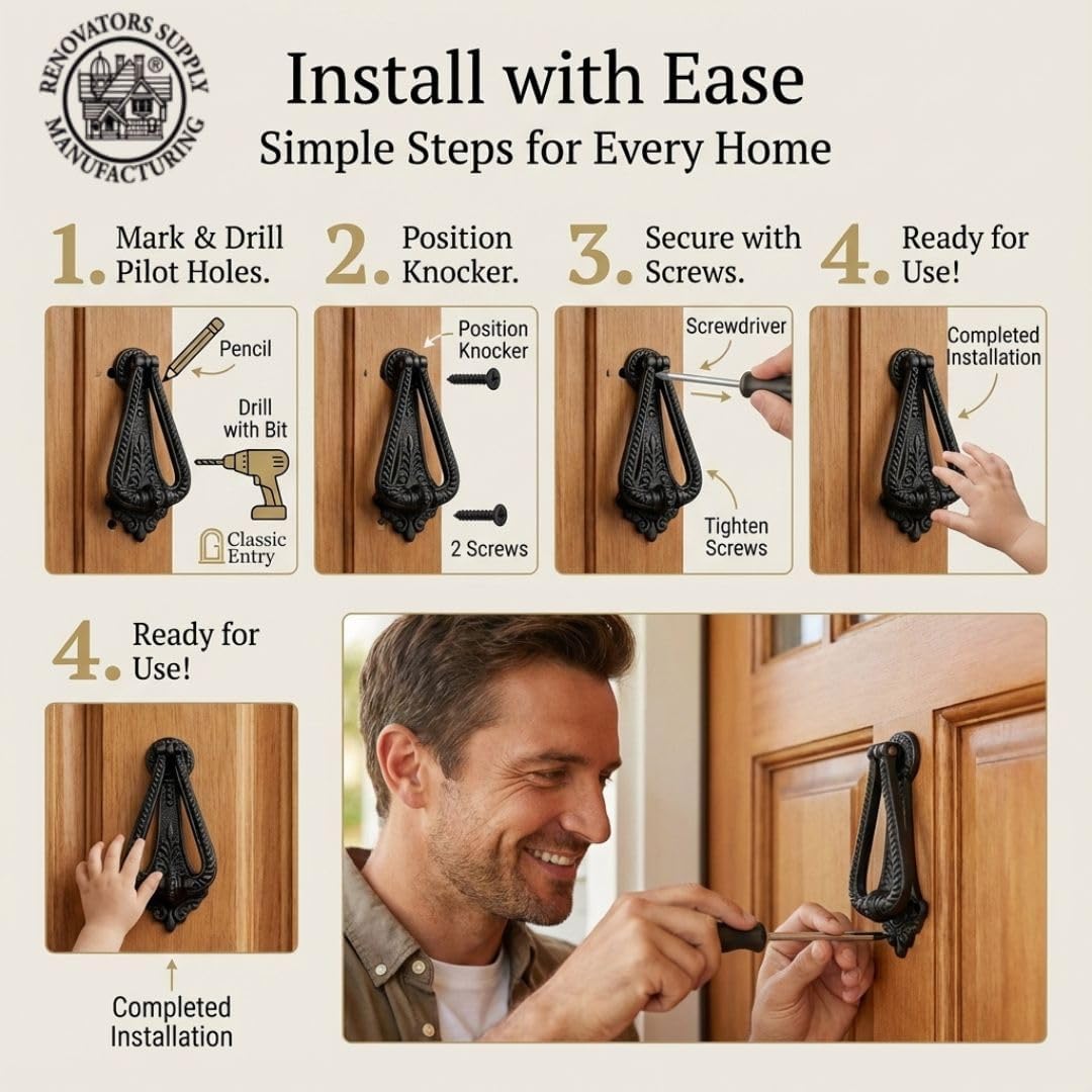 Renovators Supply Manufacturingᵀᴹ Heavy Ornamental DesignDoor Knocker – Cast Iron Construction, RSF Finish, 7 Inch Long with Mounting Hardware