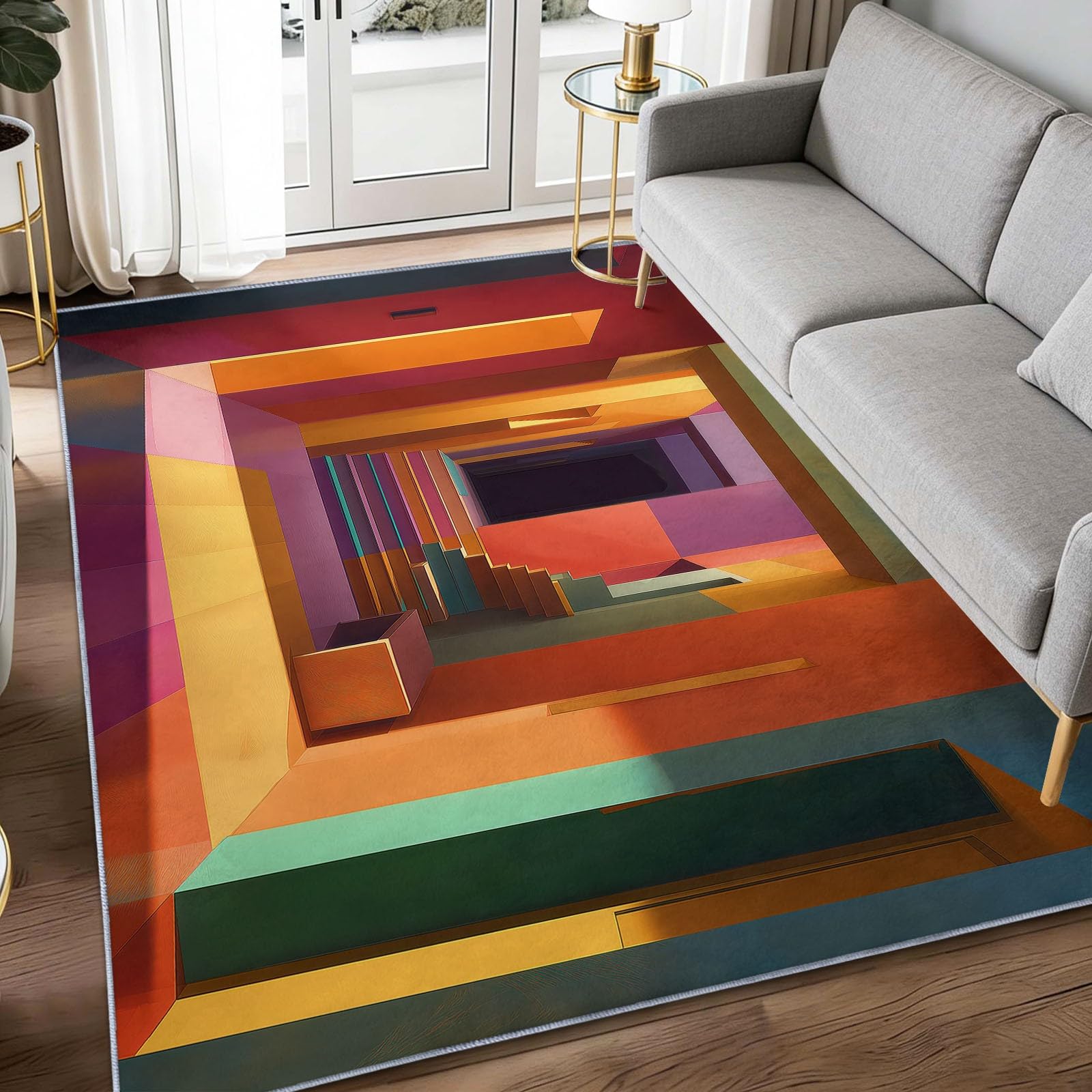Tapis rouge orangé 60x90 cm lavable et géométrique pour couloir moderne