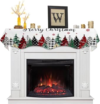 Christmas Tree Mantel Scarf Fireplace Decorations for Living Room, Merry Xmas Winter Snowflake Fireplace Cover Runner for Halloween/Thanksgiving/Christmas 90"x17"