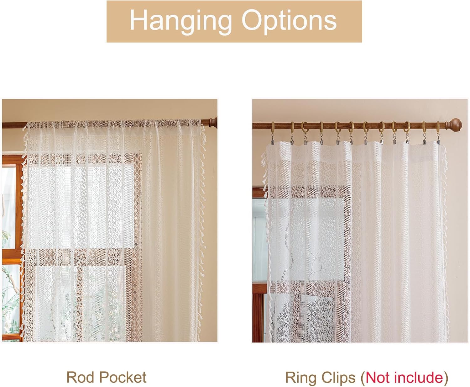 Sutuo Home Boho Lace Curtains 84 Inches Long for Bedroom&Living Room, Bohemian Crochet Privacy Farmhouse Vintage Chic Tassels Ivory Retro Window Sheer Curtains Decor Rod Pocket, 2 Panels 50" W,White