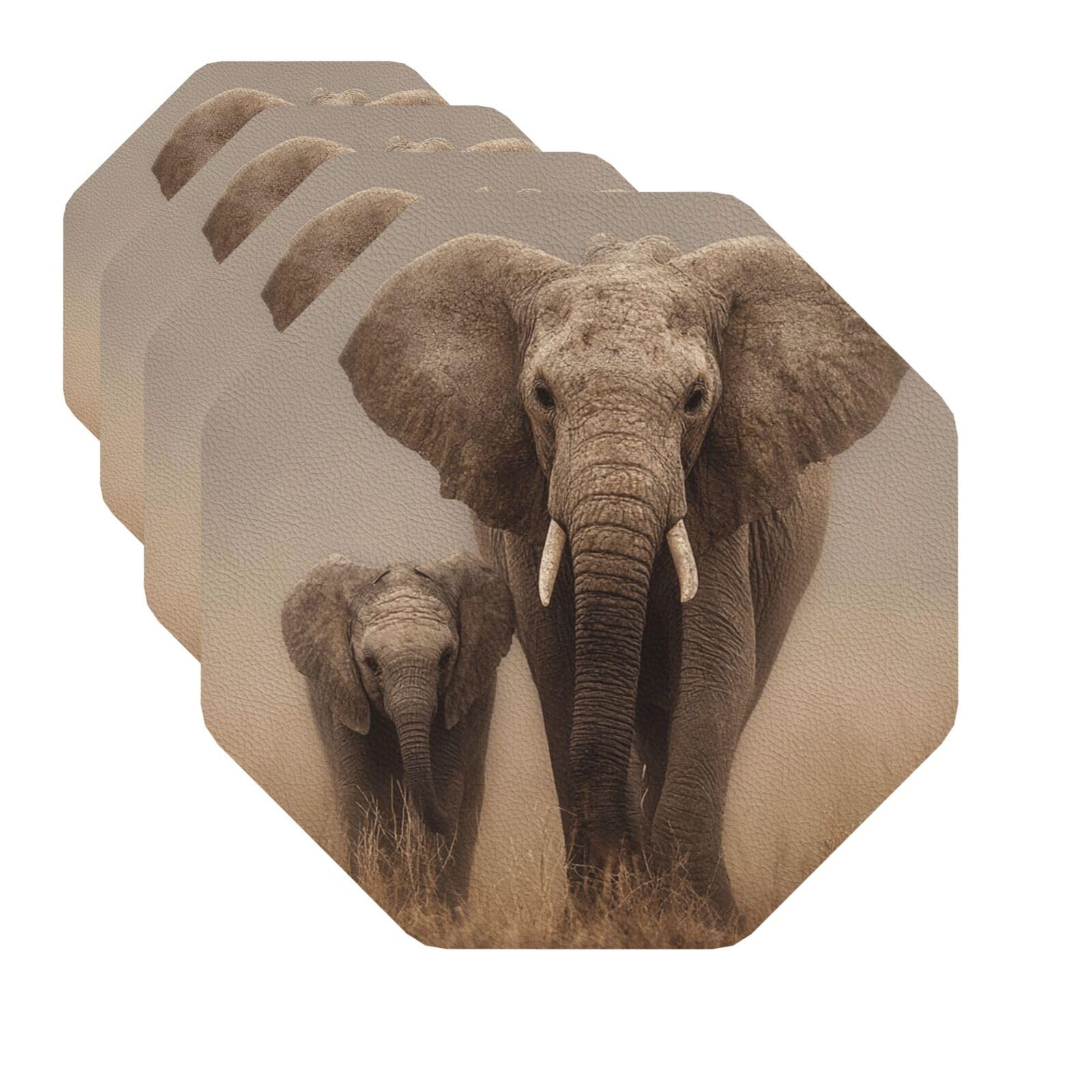 Drink Coasters Set of 4 Quick-Dry Leather Coaster Walking elephants Coasters for Drinks Coffee Cup Mat Tabletop Protection Heat Resistant Coaster for Kitchen Bar Office Home Decor