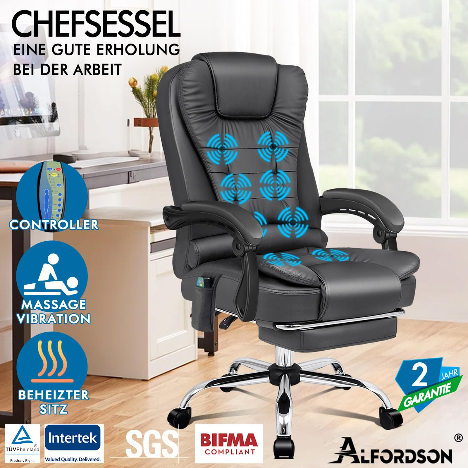 ALFORDSON Bureaustoel, ergonomische bureaustoel met lendensteun