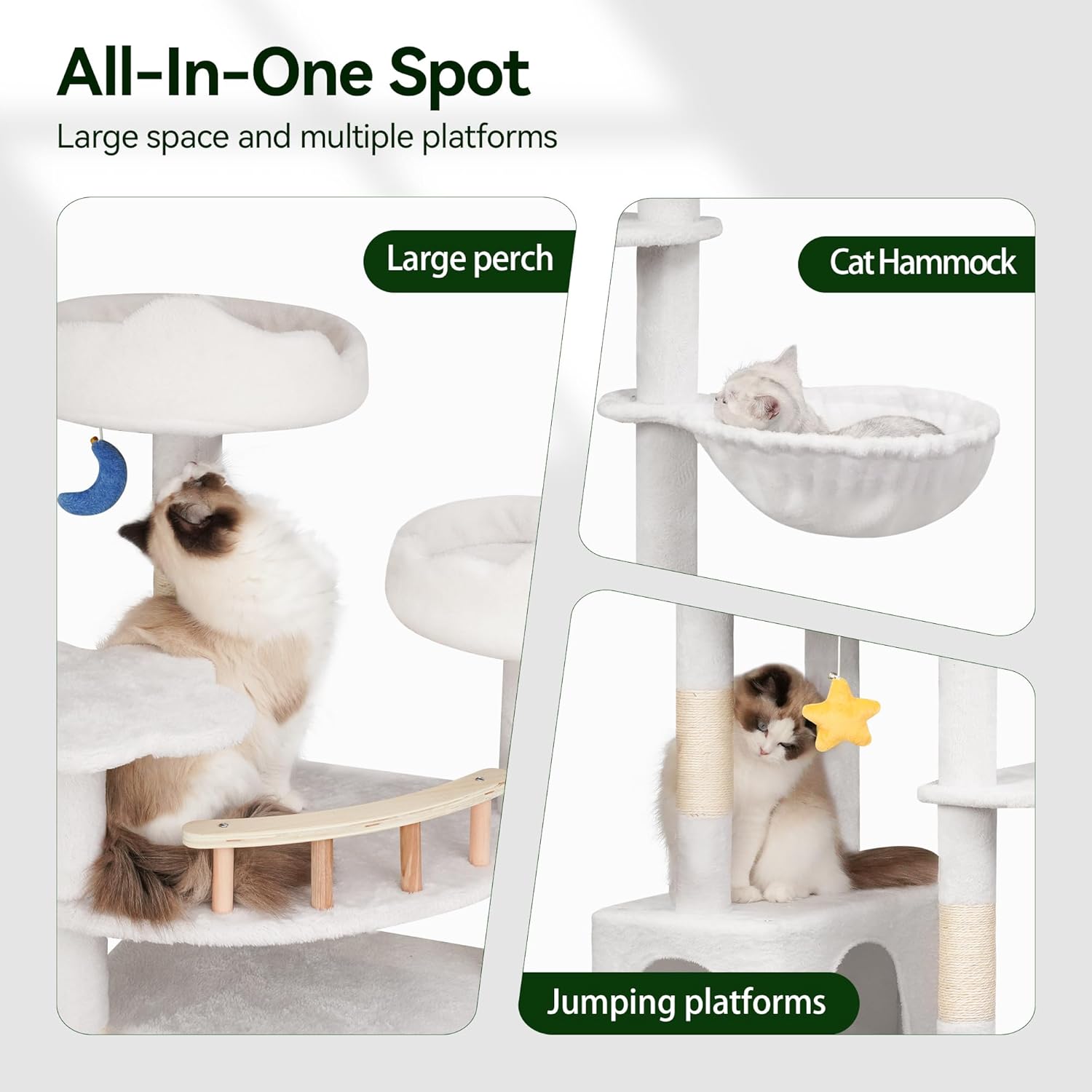 Meecal 79in Tall Cat Tower for Heavy Duty Big Cats, Large Cat Tree with Scratching Post, Plush Perches, Cozy Cat Condos & Hanging Hammocks for Maine Coon, White