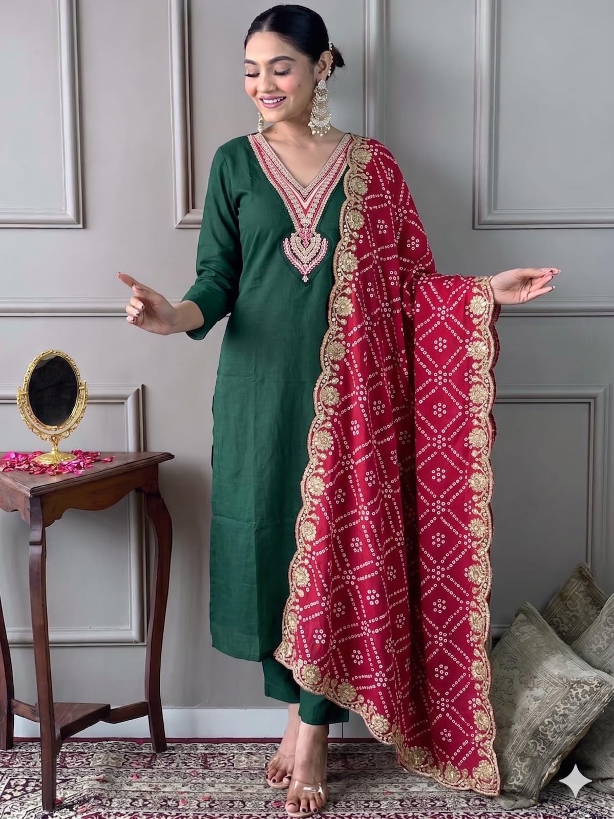Women Rayon Embroidered Kurta Bottom Ensemble with Printed Badhani Dupatta Ethnic Set-picture-46