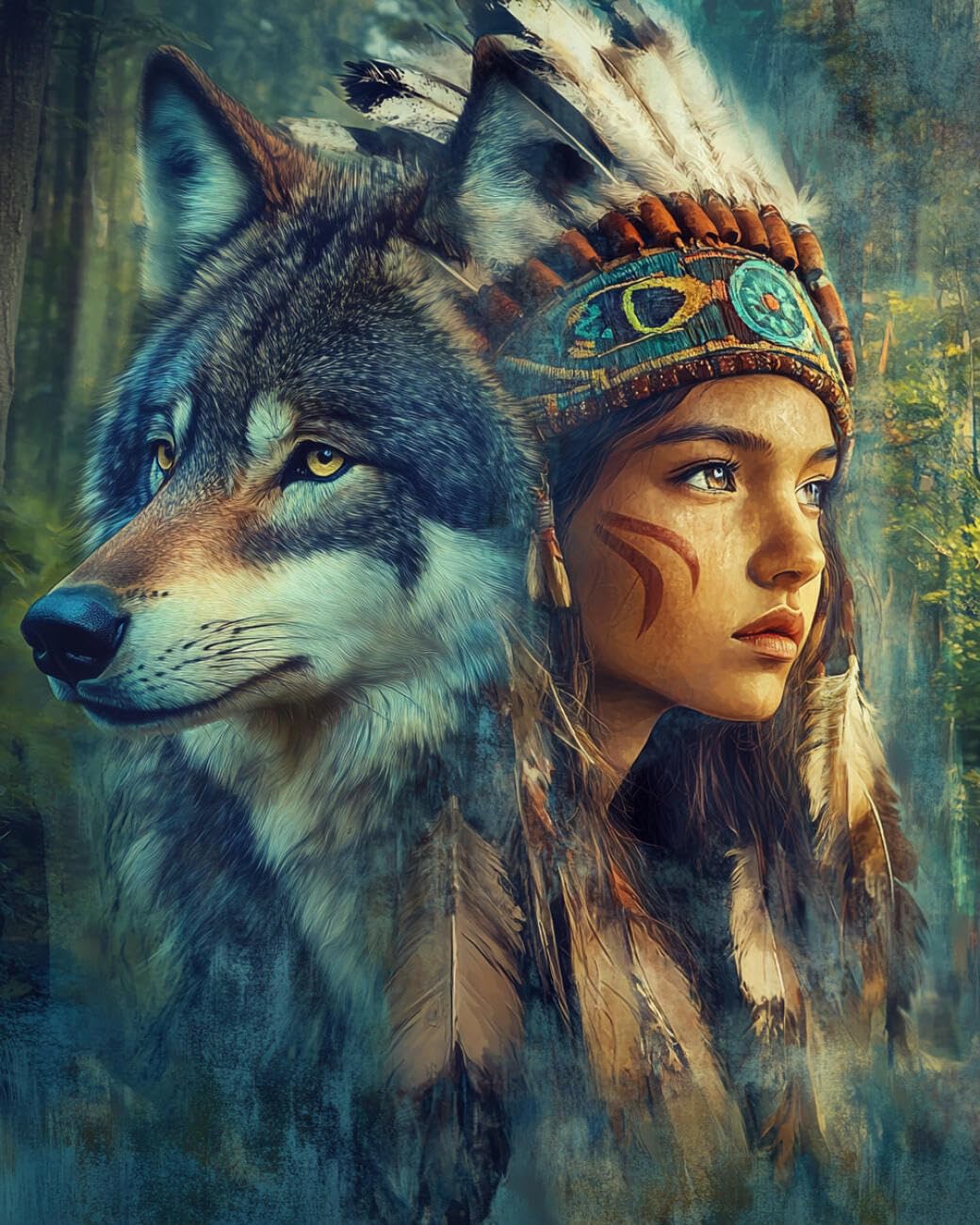RKFLGEW Animal 14CT Cross-Stitch Kits Girl and Wolf Cross Stitch Starter Set for Adults DIY Needlepoint Kits Embroidery Patterns Home Decoration 40x50cm