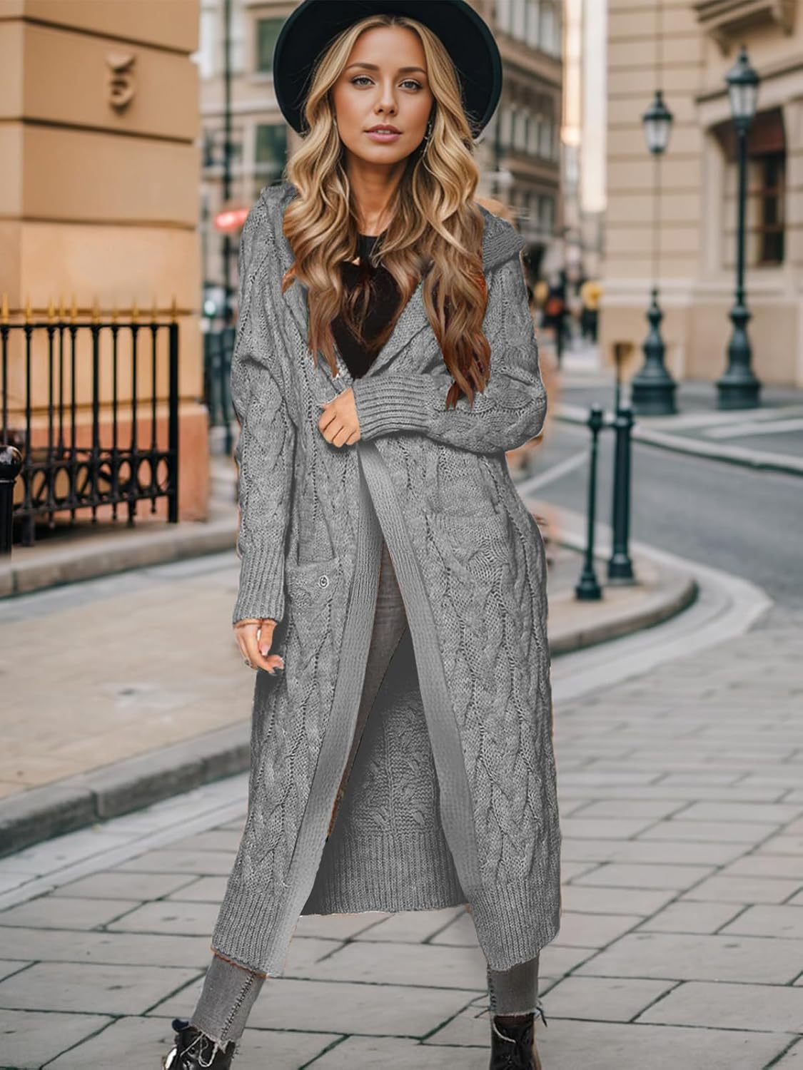 Lightweight Hooded Open Front Cardigan Sweaters for Women Oversized Cable Knit Sweaters Pocketed Trendy Long Cardigans - Image 4