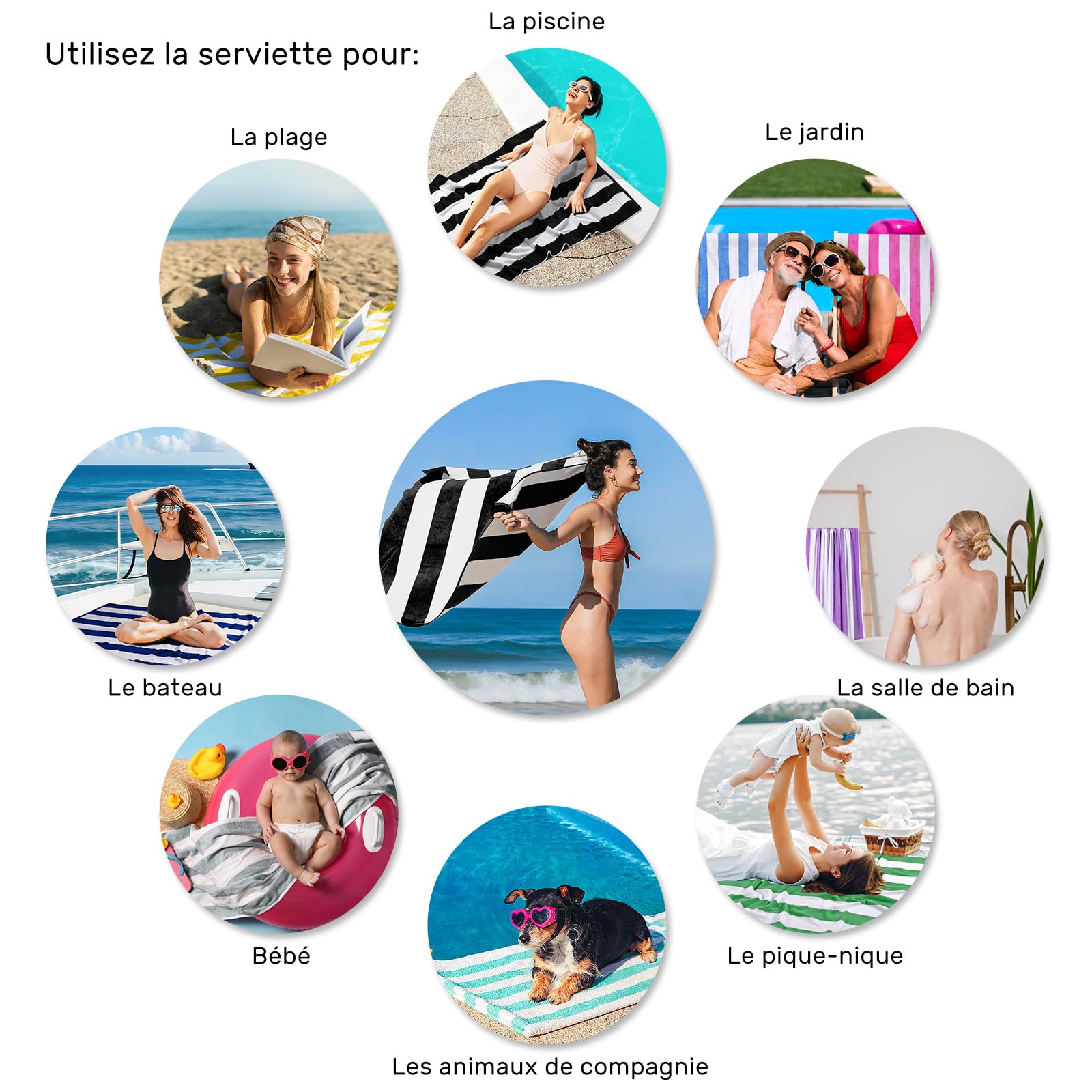 Serviette de plage surdimensionnée en coton – 89,9 x 178,8 cm – Grande serviette de piscine à rayures douce (noir)