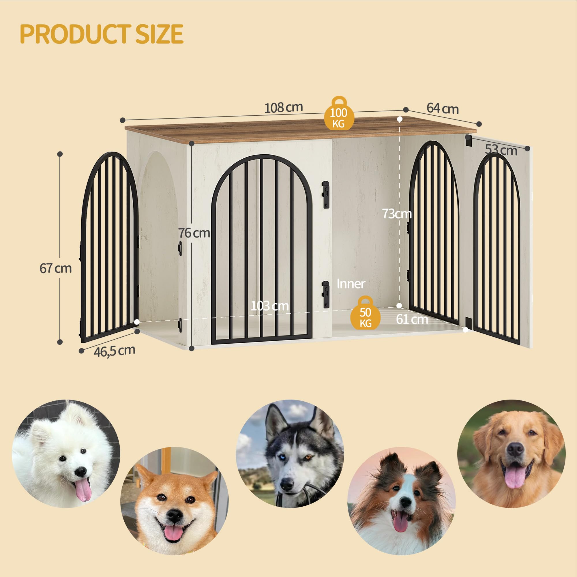 Hzuaneri Hundekäfig Möbel, 108 cm Hundebox für Zuhause, 3 Türen, Bogentür, Moderne Hundebox Indoor für Hunde, Beistelltisch, Hundekäfig Hochbelastbar, 108 x 64 x 76 cm, Weiß Braun DFC86014B