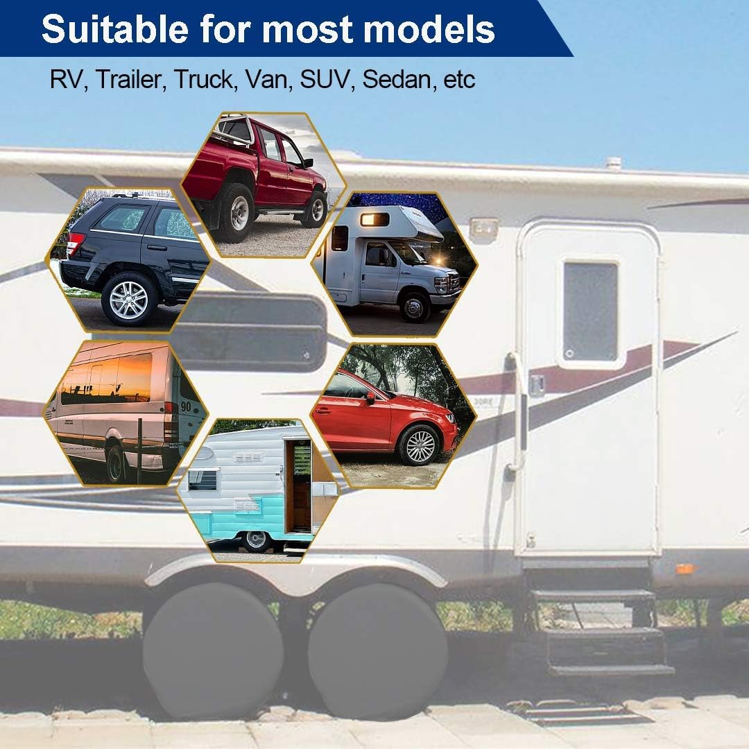 RV Tire Covers 4 Pack, Waterproof 300D Oxford Wheel Protectors, UV Sun Snow Dust Protection, Universal Fit 24"-32" Diameter for Trailer Camper Truck Van (27-29")