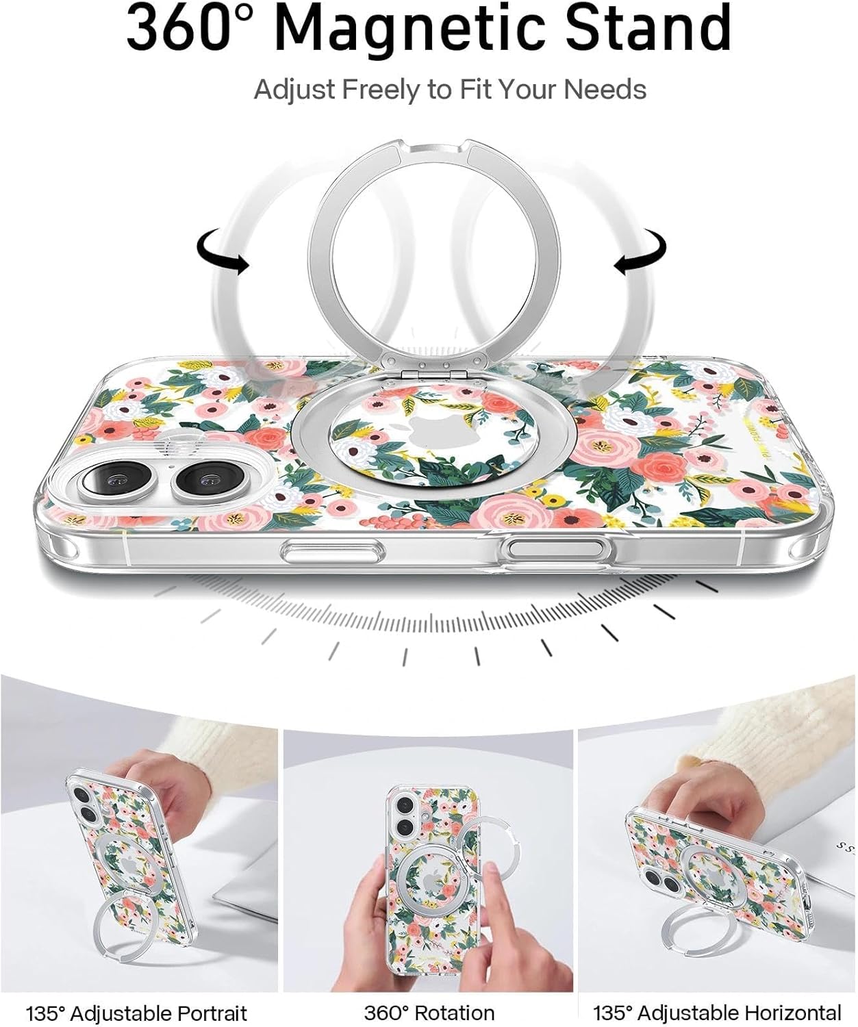 for iPhone 16 Case with MagSafe Stand Ring for Women, Cute Spring Floral Design with 360° Kickstand Holder Magnetic Shock Proof Heavy-Duty Protection Pink Flower
