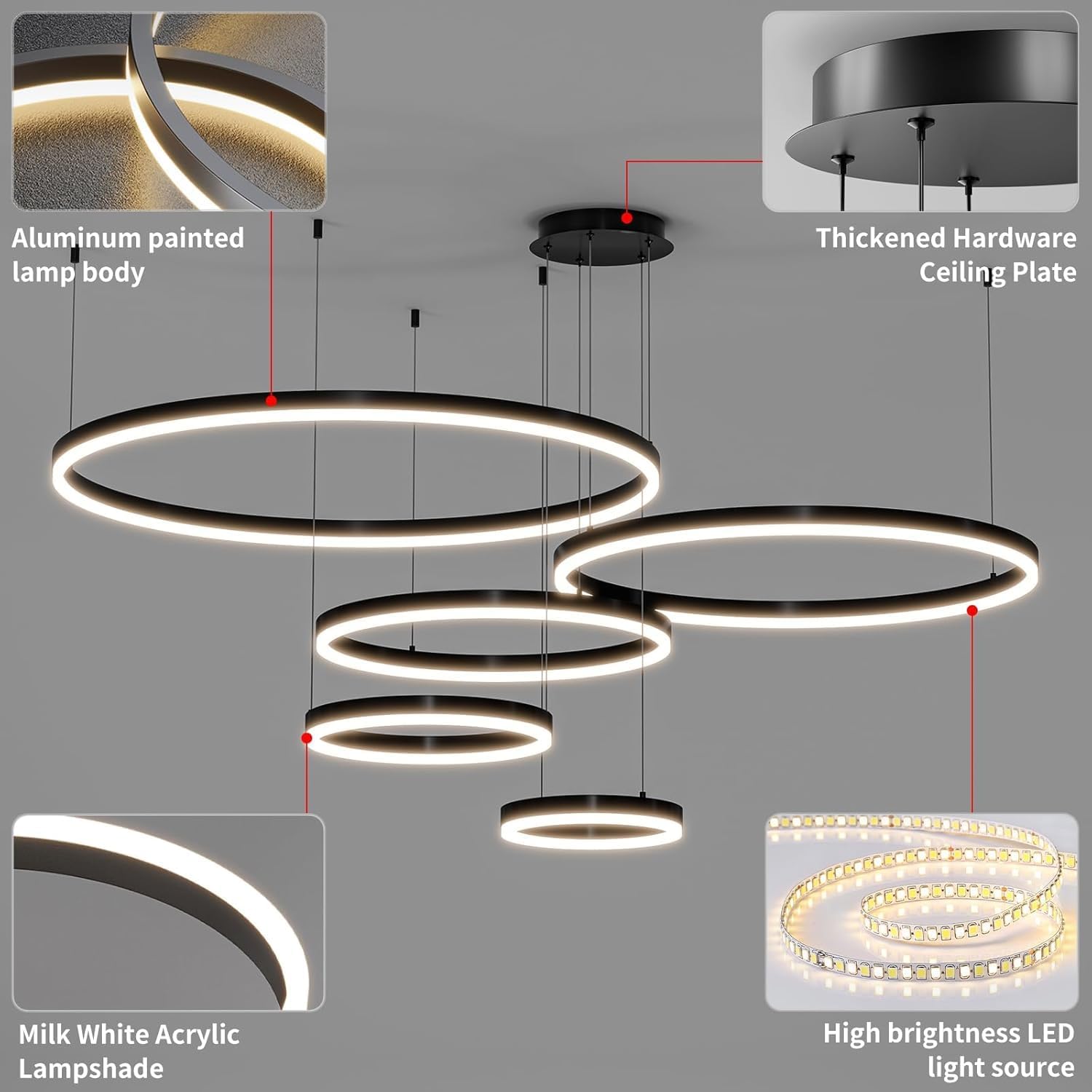 MADISH Modern Ceiling Chandelier Light, with Remote Control Dimmable 3 Color Mode & Brightness Ceiling Lamp, Anti-Flicker Dining Light Fixture for Kitchen, Dining Room(Black)