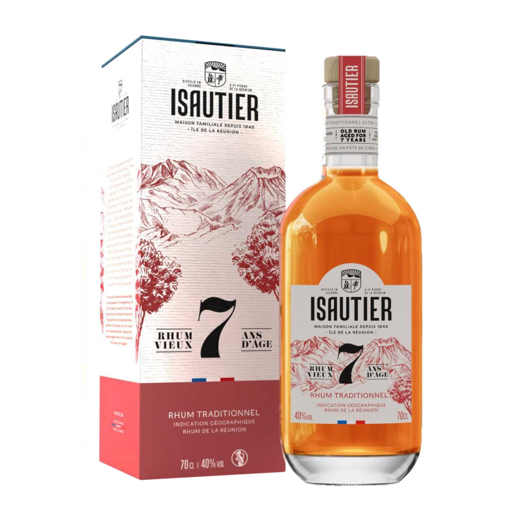Isautier - 7 Years Old Aged Dark Rum Gift Set - Premium Reunion Island Traditional Rum - 40% ABV (1 x 70cl)