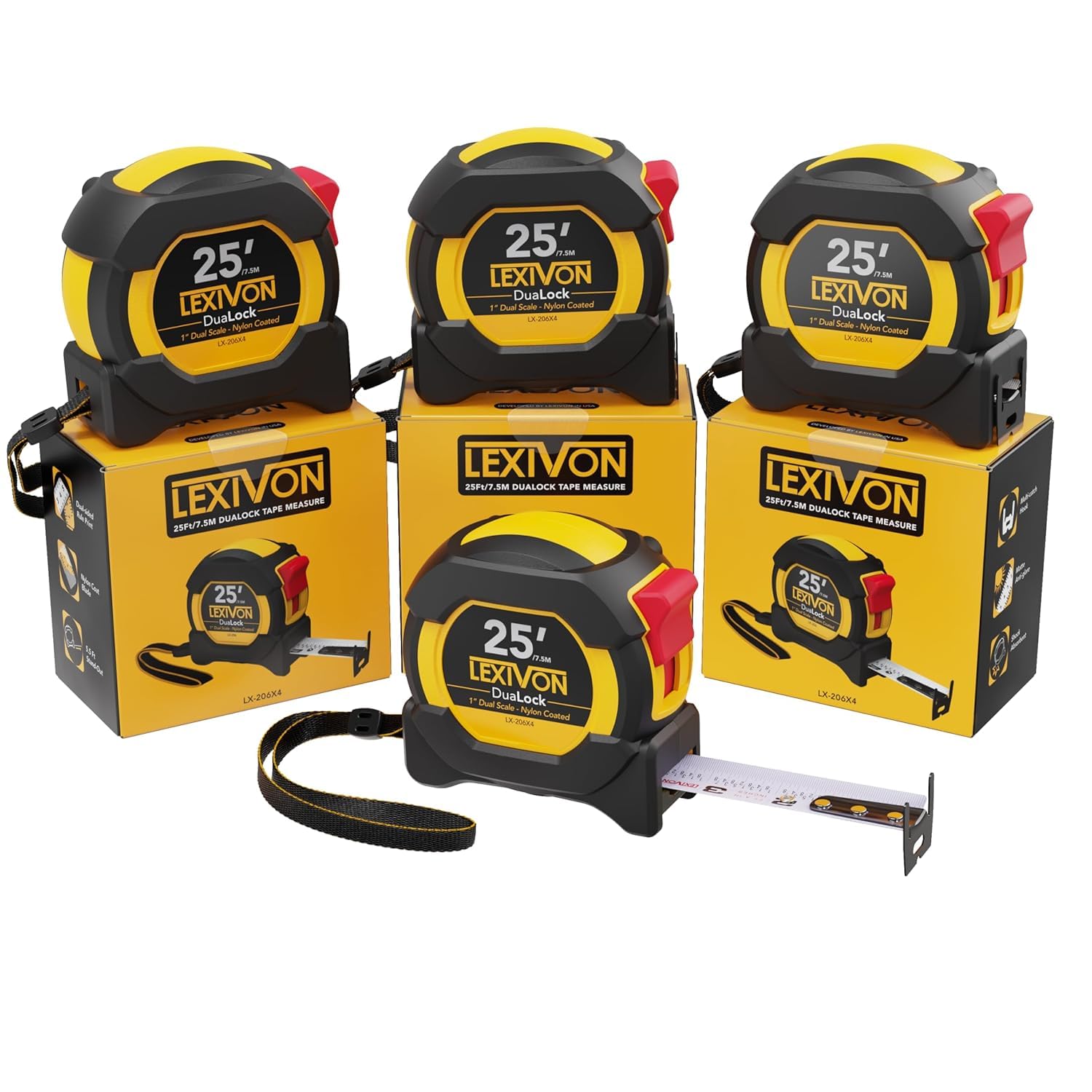 Lexivon - Metro a nastro DuaLock da 7,5 m, lama larga 2,5 cm con rivestimento in nylon, finitura opaca bianco e giallo, stampa su due lati | Ft/pollici/frazioni/metrico, LX-206X4, 4-PACK