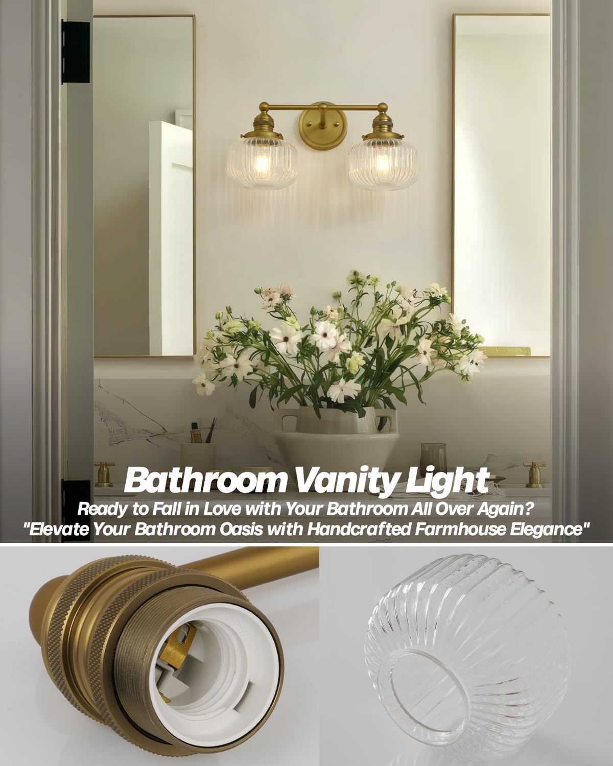Double Vintage Wall Sconces 2-Lights Brass Gold Bathroom Vanity Light with Clear Striped Glass Shade Indoor Hardwire Wall Sconce Lighting for Bathroom Living Room Bedroom Kitchen