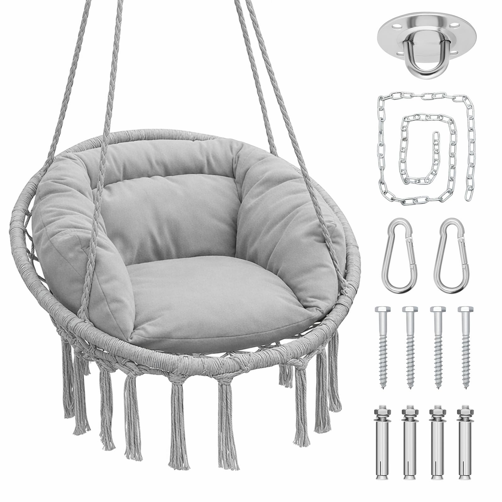 Athena Collection Hammock Chair Hanging Swing Chair with Large Thick Cushions, Outdoor Hanging Chair with Macrame Cotton Rope for Indoor, Outdoor, Bedroom, Balcony, Holds 350 Lbs, Grey