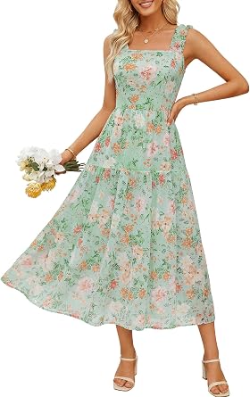 FENSACE Summer Dress Floral Mesh Square Neck Elastic Wide Strap Garden Party Wedding Vacation Midi Dresses for Women