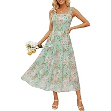 FENSACE Summer Dress Floral Mesh Square Neck Elastic Wide Strap Garden Party Wedding Vacation Midi Dresses for Women