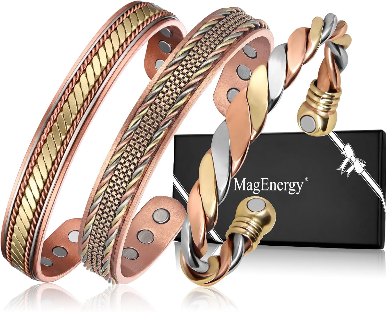 MagEnergy Copper Bracelets for Women Men, Set of 3 Pcs, Magnetic Therapy, Handmade 100% Copper Cuff Bracelet, Jewelry Gift Box