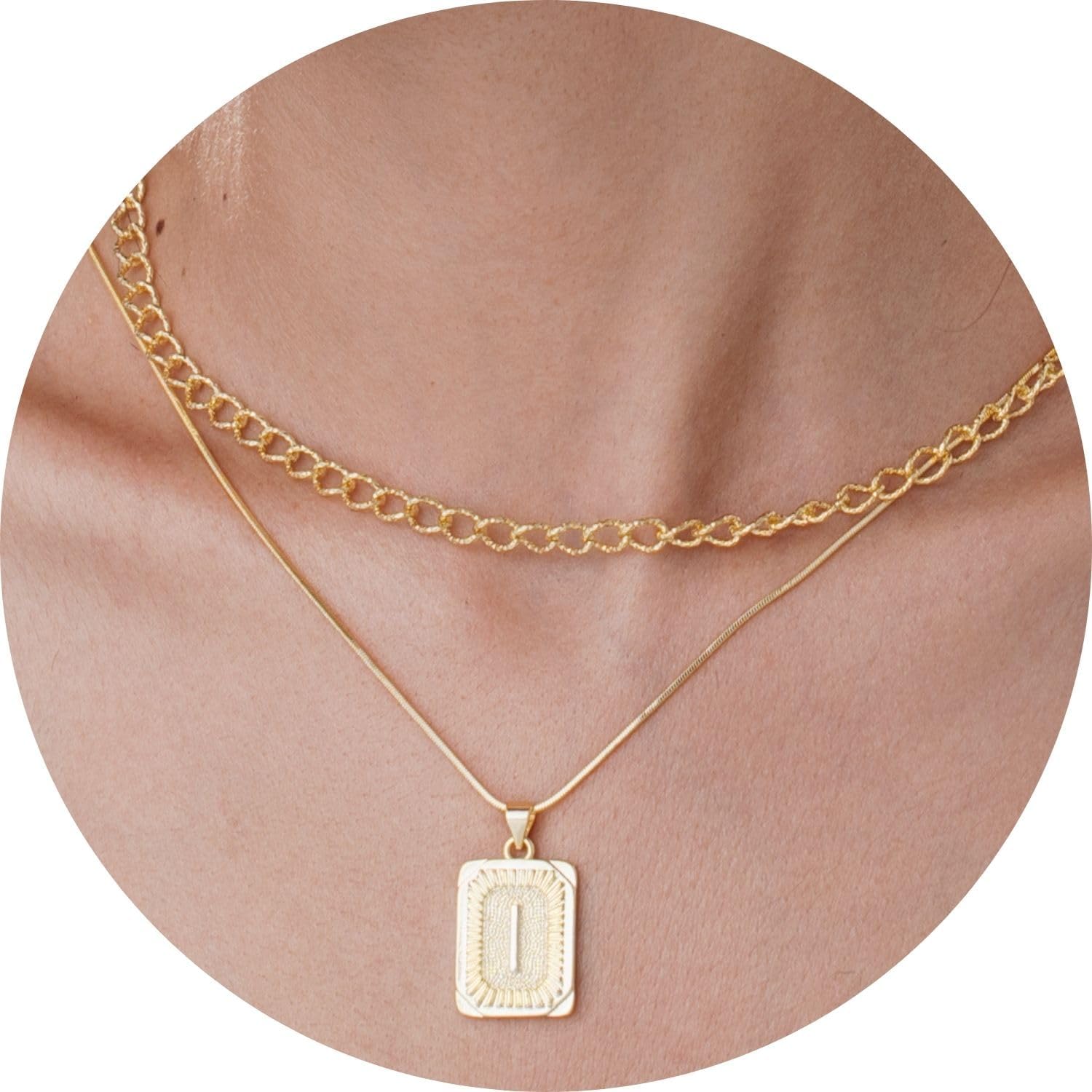 Initial Necklaces for Women 14K Gold Plated Letter Necklace Square Pendant Layered Gold Choker Necklaces Trendy Jewelry V - Image 4
