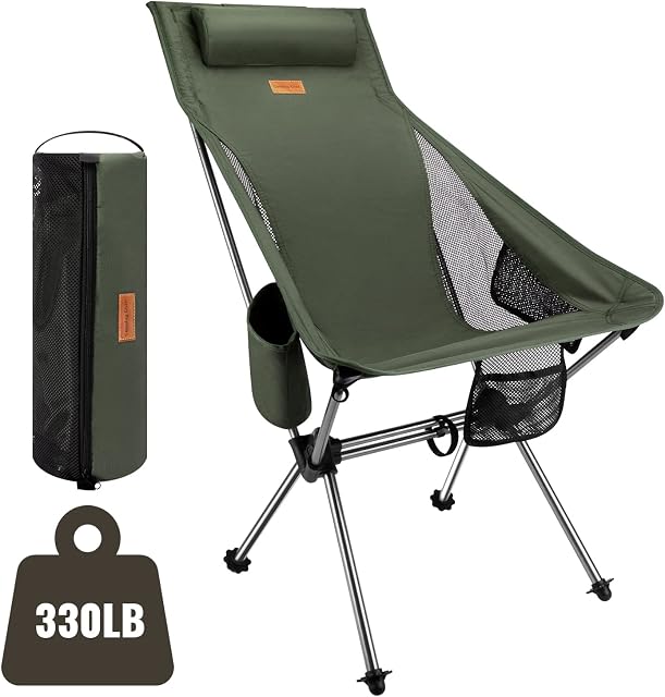 MATEPROX Camping Folding Chair High Back Heavy Duty Portable Camping Chair Weight Capacity 330 pounds with Headrest&Pocket, Deluxe Foldable Camping Chair for Adults Outdoor Picnic Fishing-Green