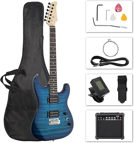 Ktaxon Electric Guitar Kit, 39 Inch H-H Pickups Beginner Electric Guitar Set with 20W Amplifier, Bag, Strap, Cable, Accessories for Adults & Teens (Tiger Blue)
